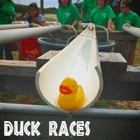 Close up image of a yellow rubber duck in the Jaemor Farms duck racing area