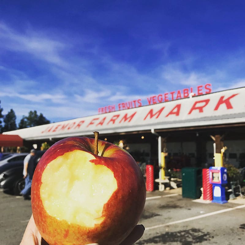 Bitten into apple in front of Jaemor Farm Market