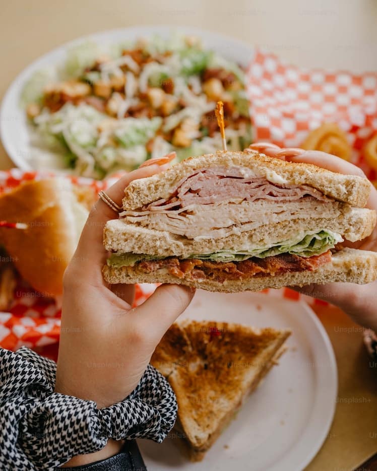 Close up of a person holding a sandwich half