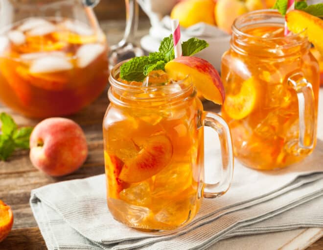 Two Glasses of Fresh Homemade Peach Sweet Tea with Mint