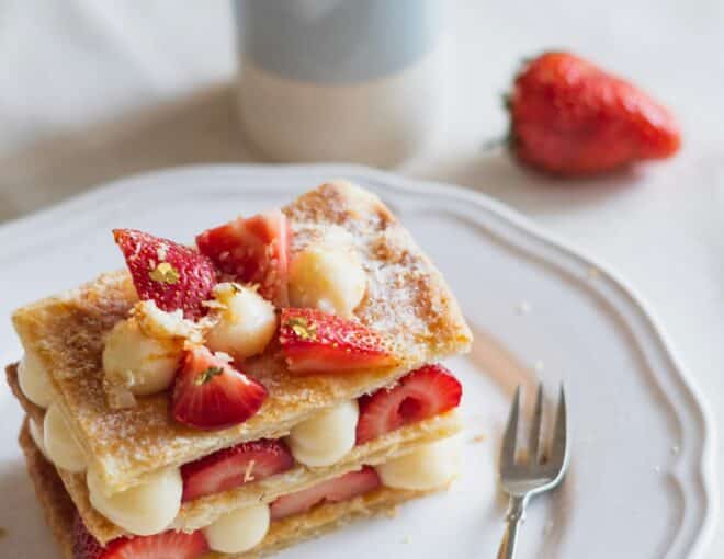 Layered lemon cream and strawberry dessert with phyllo dough