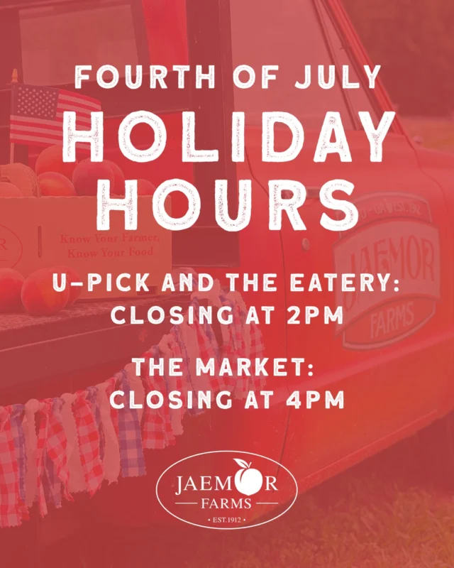 Planning a visit to the farm for the holiday? Here's a heads up! On Friday, July 4th, U-Pick and the Eatery will close at 2 p.m., and the market will close at 4 p.m. so our team can enjoy the evening with their families. Come early for fresh peaches, sweet treats, and summer fun! 🇺🇸🍑⠀
⠀
*We will resume regular hours on Saturday, July 5th.
