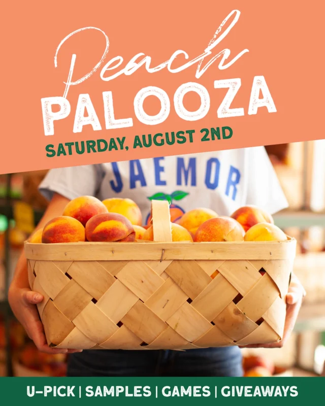 Save the Date for our Peach-Palooza 🍑 We’re putting a spin on our annual peach festival and we have lots of treats in store! Check out some details below ⬇️ and be on the lookout for more information in the coming weeks!

📅 Saturday, August 2nd: 10am-5pm

What’s in store:
🍑 U-Pick Peaches
🍑 Samples: Sweet and Savory Treats
🍑 Peach Passport: A hands-on challenge encouraging guests to visit spots across the farm to be entered to win giveaways! 
🍑 Games: Peach Pit Toss, Peach Count Challenge and Farm Games

⭐️ Giveaways: Yeti Hopper Cooler, Event Passes, Eatery Meal Vouchers and MORE 🤩