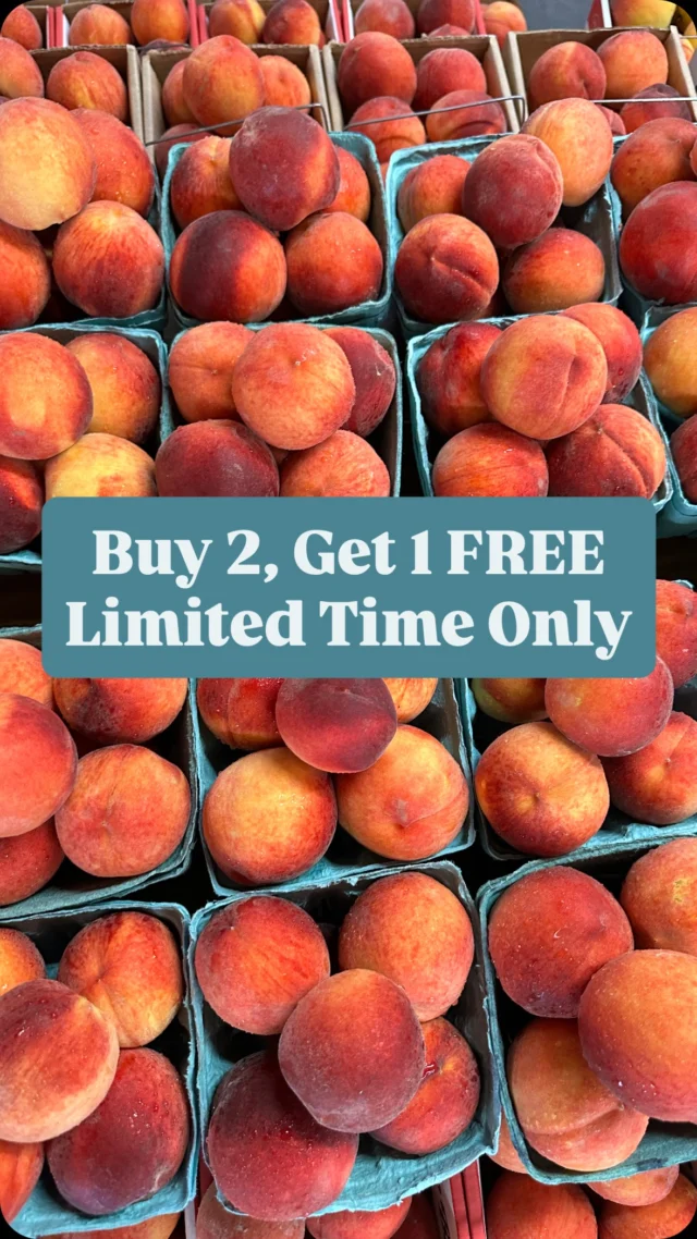 HOMEGROWN PEACH SPECIAL ⭐️ You asked and we listened…. For a limited time only, we’ve got homegrown peaches available for “Buy 2, Get 1 FREE” 🍑 Head to the market and purchase two of any size containers and take a third home for FREE. Now that’s a sweet treat!

🍑 Special will be available on peck bags at U-Pick this weekend.

*Only available in-store or u-pick event. Not applicable at Pop-Up Markets.
**Only applies to same sized containers.